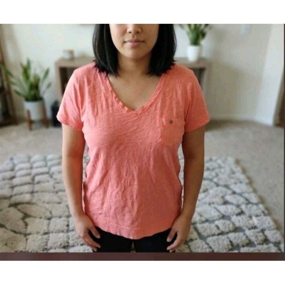 Fresh Produce Blouse Size L Orange V Neck Front Pocket Cotton